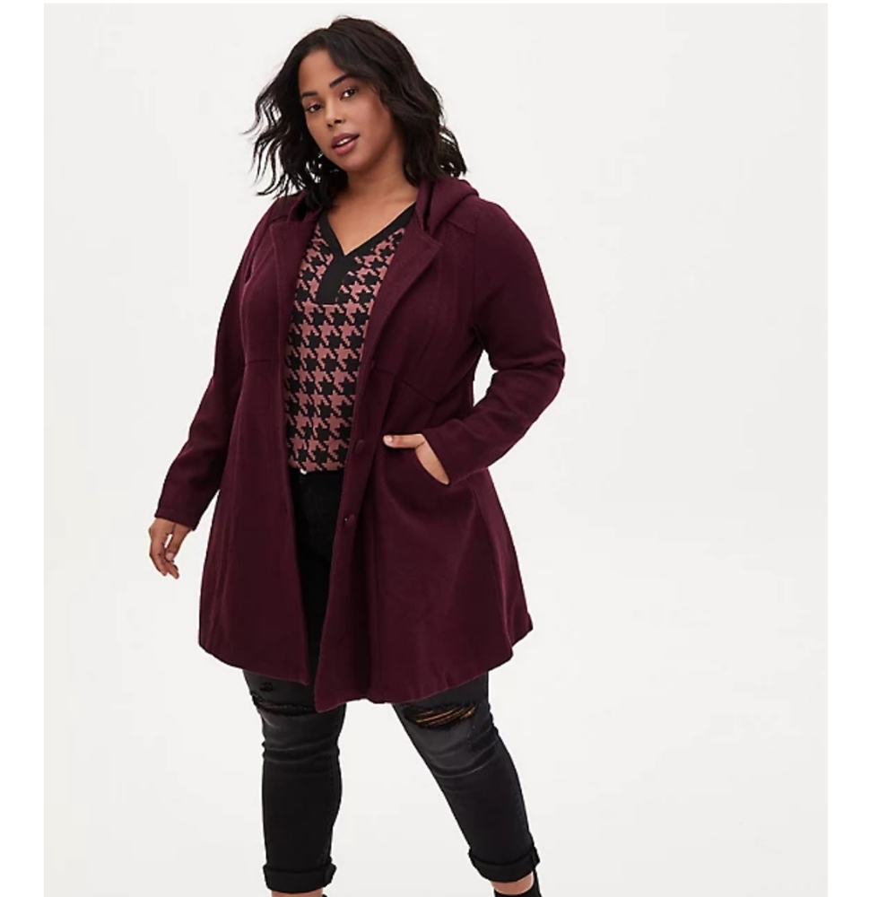 torrid burgundy hooded fit and flare coat size 3